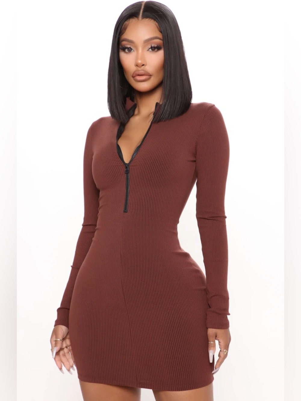 Fashion Nova - Chestnut Ribbed Long-Sleeve Zip-Front Mini Dress, Small